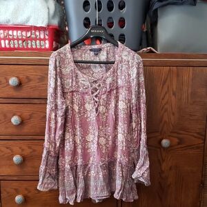 American Eagle Outfitters Floral Lace-Up Blouse - Mauve